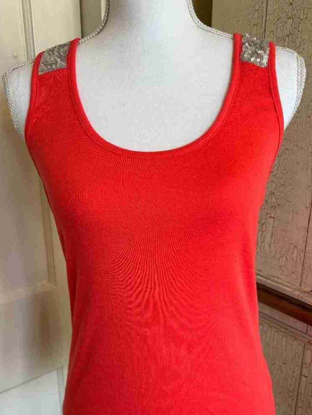 Red Ribbed Tank Top Silver Sequin Back Sleeveless